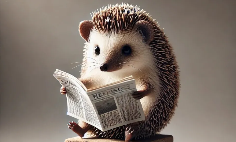 Image of a hedgehog reading a newspaper generated by DALL-E.
